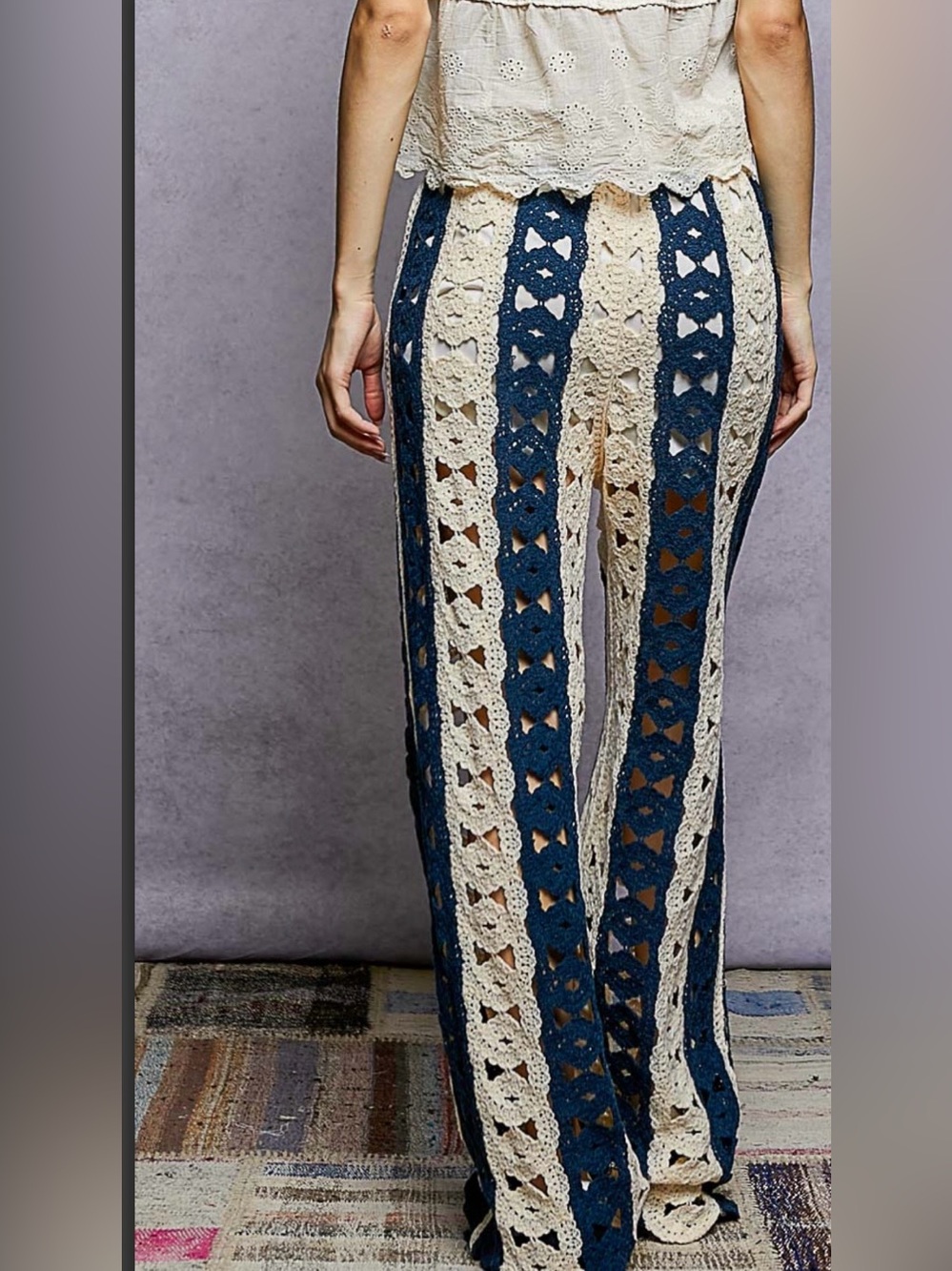 Crochet Wide-Leg Pants in Navy and Cream - Picture 4 of 4